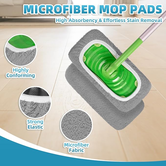 6 Pack Reusable Mop Pads Compatible with Swiffer Sweeper Mop, Washable Wet Pads Refill, Dry Sweeping Cloths, Microfiber Pads for Mopping Floors (Gray, White)