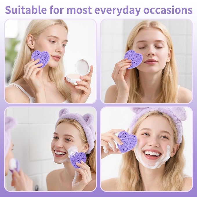 60-Count Kickleen Compressed Cellulose Heart Shape Facial Sponges | Natural Cosmetic Spa Sponges for Facial Cleansing | Exfoliating | Makeup Mask Removal | Reusable | Skin Massage (Purple)