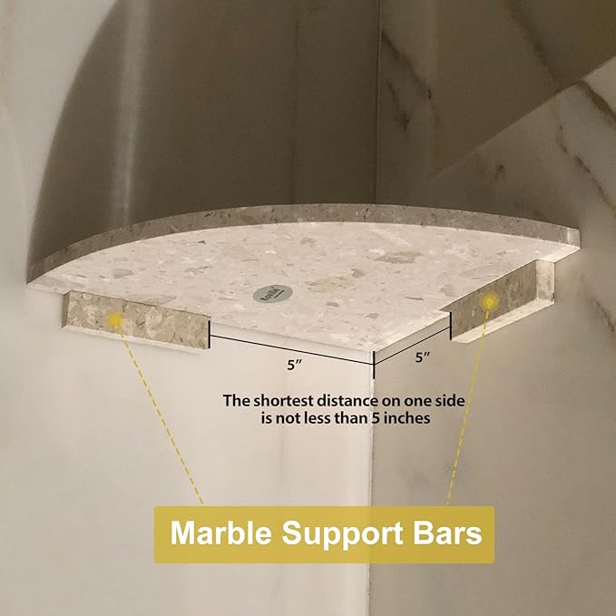Koville Italian Marble Corner Shower Shelf for Bathroom, 10'' Marble Corner Shelves for Bath, Wall Mounted Stone Corner Shower Caddy, No Drilling Adhesive Shower Shelf - Perlato Appia (2-Layer)