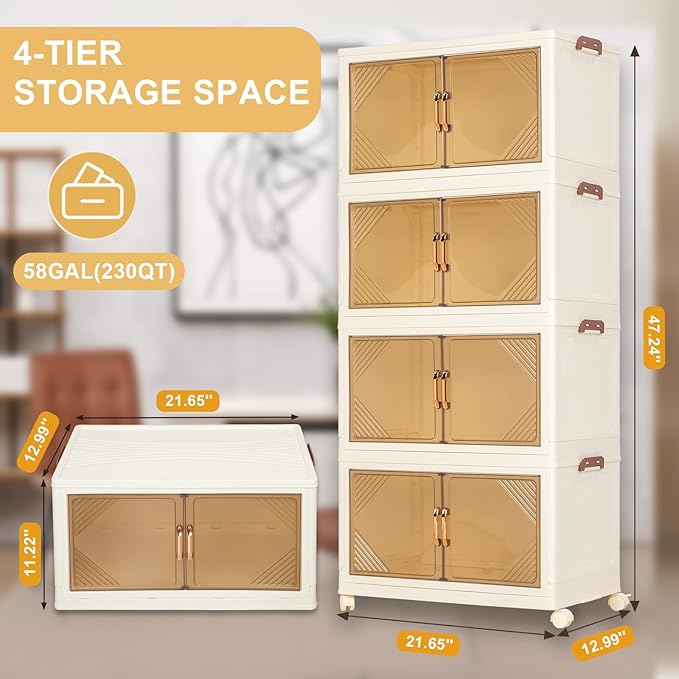 4-Tier Storage Bins with Lids, 58QT Stackable Bins with Wheels, Closet Organizer Storage, Plastic Large Collapsible Storage Containers for Home, Bedroom, Office Organization (4-Tier 58QT)