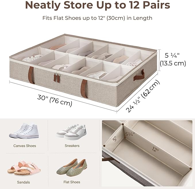 StorageWorks Shoe Organizer for Closet, Fits up to 24 Pairs, 2-Pack Ultra-thick Fabric Under Bed Shoe Storage Containers with Bottom Support and Adjustable Dividers, Taupe