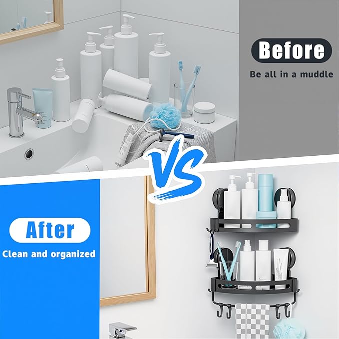 XXKMDXW Corner Shower Caddy Suction Cup Shower Shelf Corner No Drilling Bathroom Shower Organizer Storage Rack Suction Cup Type with Towel Bar Hooks