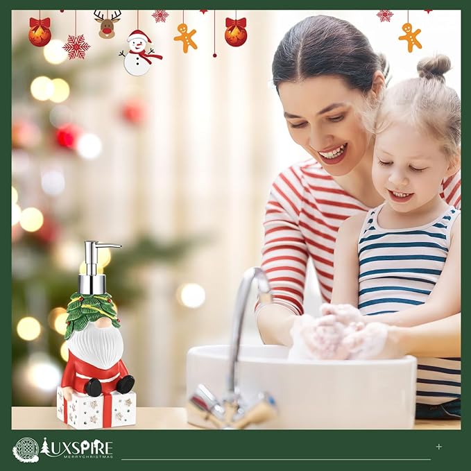 Luxspire Christmas Soap Dispenser, Resin Hand Soap Bottle and Lotion Dispenser Rustproof Refillable, Christmas Santa Decor No Leak for Kitchen Shower Bathroom Countertop, 350ml