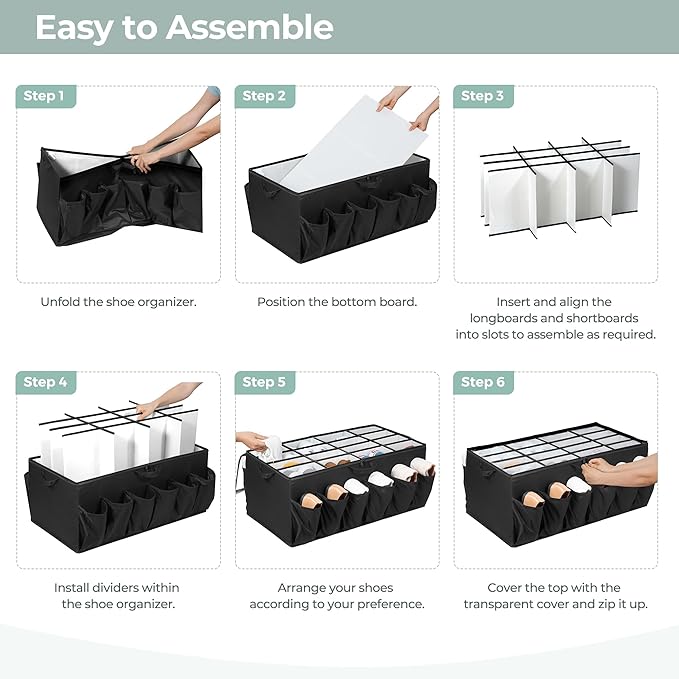 Extra Large Fabric Shoe Organizer for Closet, Fits up to 28 Pairs, Foldable Shoe Storage Bin Containers with Adjustable Dividers and Clear Cover, Black, 3 Pack