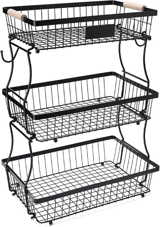 3 Tier Fruit Basket with 2 Banana Hangers, Mesh Basket Fruits Stand Produce Holder Organizer for Onion Potato Bread Snack Veggie Black