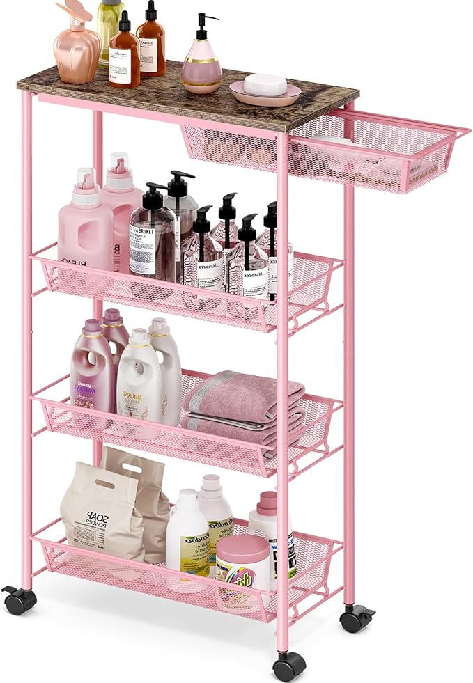 KINGRACK 4-Tier Slim Storage Cart, Metal Rolling Cart, Organizer with Wooden Tabletop and Drawer Basket, Mobile Shelving Unit for Kitchen, Bathroom, Laundry Room, Pink