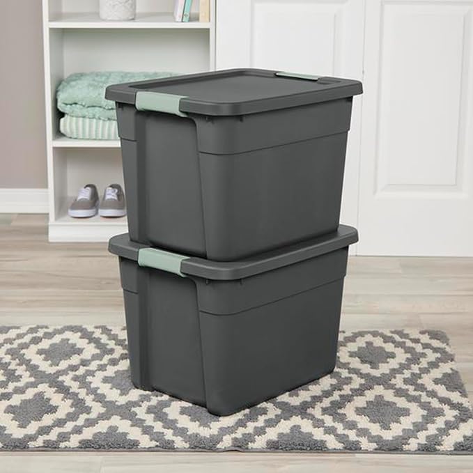 Sterilite 18 Pack Latch Tote, Stackable Plastic Storage Container, 12 Gallon, Gray/Green