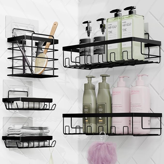 Clara Clark Bathroom Accessories Set - Bathroom Set with Adhesive Corner Shower Caddy Hanging, 25PC Bathroom Accessory Set, White Shower Curtain Set, Toilet Brush, Trash Can & Soap Dispenser