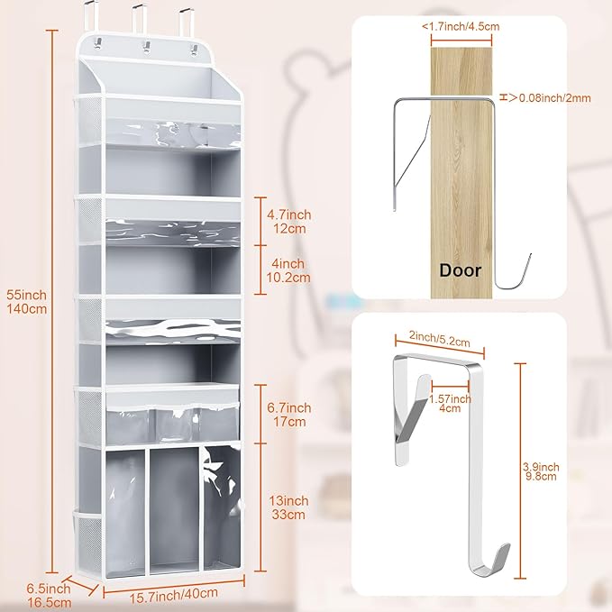 OneDream Over the Door Organizer for Nursery, 5-Tier Baby Clothes Organizer with Removable Storage Caddy, Hanging Behind Door Storage with Clear Pockets and Side Mesh Compartments, Grey