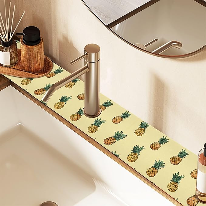 Light Yellow Pineapple White Kitchen Sink Splash Guard Sink Faucet Mat Faucet Handle Drip Catcher Drain Mats for Kitchen Bathroom Countertop Absorbent Dish Drying Pad 2Pack 30x5.4IN
