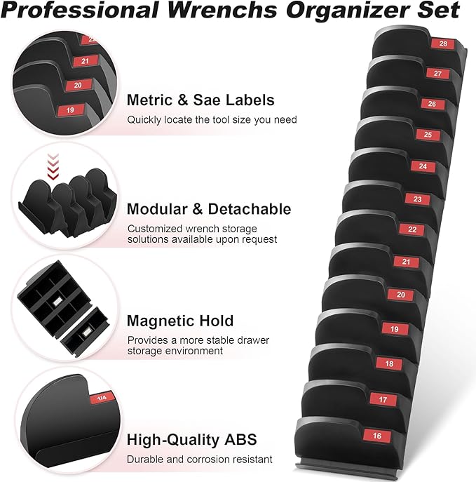 32PCS Magnetic Wrench Organizer - Modular Wrench Holder Set for Tool Drawer Storage, With Metric & SAE Labels, Tool Holder for DIY Mechanics, Fit for Screwdriver, Ratchet, Widget - Black