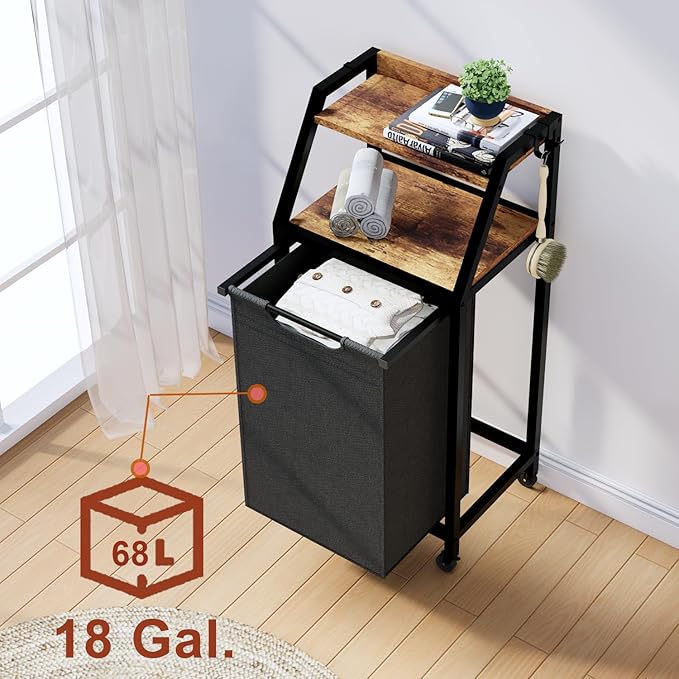 Laundry Hamper, Laundry Sorter, Rolling Laundry Basket with Wheels, 2 Shelves, 18 Gal(68L), Pull-Out and Removable Oxford Fabric Bags, for Laundry Room, Black and Rustic Brown