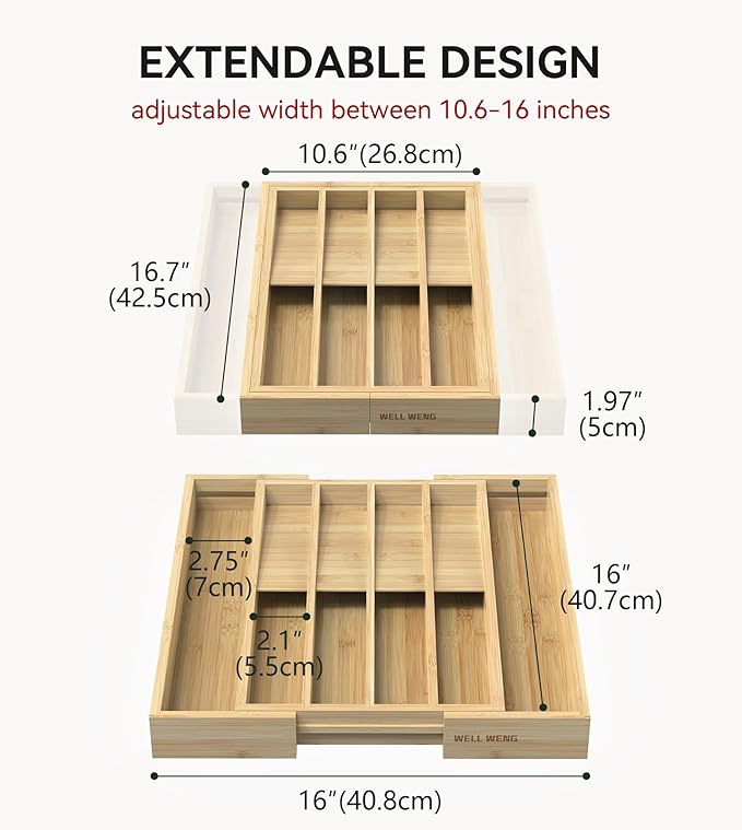 Expandable Silverware Organizer, Utensil Drawer Organizer & Cutlery Tray Dividers for Spoons Forks Knives (10 Slot,Natural Bamboo), 10.6”-16:Wx16.7”Dx1.97”H