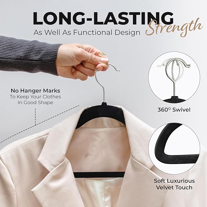 200 Pack Velvet Hanger for Shirt Pants Dresses Skirts Suits Jackets - Slim Space Saving Design - Standard Coat Hanger - Sturdy & Durable Design with Shoulder Grooves Hook