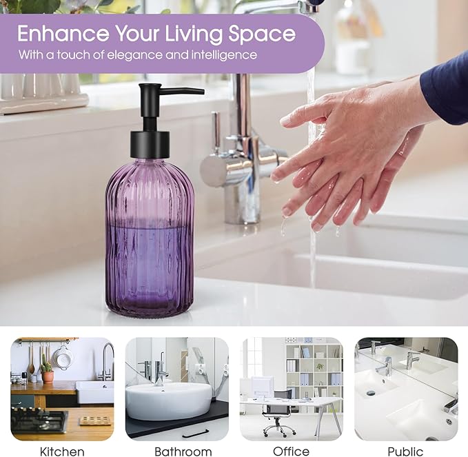 2 Pack Stripe Glass Soap Dispenser with Black Plastic Pump, 400ml Liquid Hand Soap Dispenser, Rustproof Pump for Kitchen & Bathroom, Great for Lotions, Essential Oil, Liquid Soaps- (Purple)