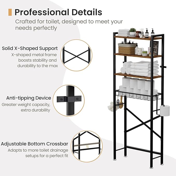Over The Toilet Storage Cabinet, 4-Tier Bathroom Organizers and Storage with Adjustable Shelves, Freestanding Over-The-Toilet Shelf for Restroom, Laundry, Rustic Brown