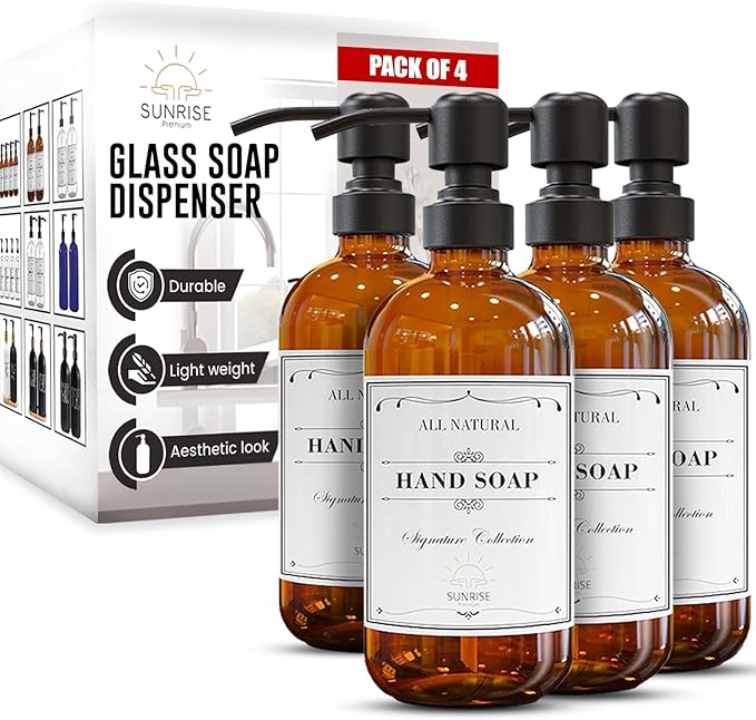 4 Pack Amber Glass Soap Dispenser 16 OZ with Matte Black Stainless Steel Pump, Hand and Dish Soap Dispenser Set for Bathroom and Kitchen Sink with 12 Waterproof Labels