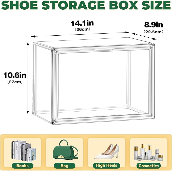 EDS FAM 12 Pack X-Large Acrylic Display Case, Size 14 Clear Shoe Box Stackable Sneaker Display Case with Magnetic Lid Multipurpose Storage Bin for Closet for Purses, Handbags, Cosmetics, Collectibles