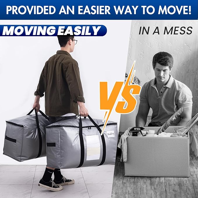 TAILI Extra Large Moving Bags, 6 Pack Silver Heavy Duty Totes for Storage with Visible Window, Wrap Around Handles, Storage Bags for Space Saving, Alternative to Moving Boxes