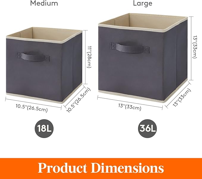 Lifewit Storage Cubes, Foldable Decorative Fabric Storage Baskets for Organizing Home Organizers with Handles for Shelves, Closet, 11 Inch Bins, 18L Gray, 6 Packs