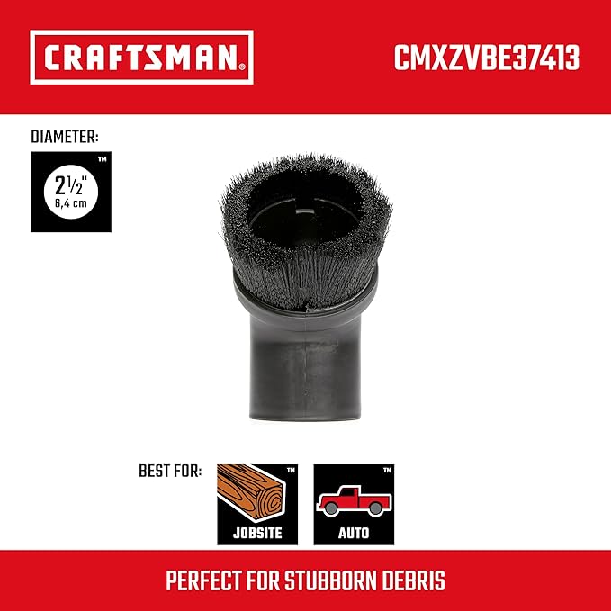 CRAFTSMAN CMXZVBE37413 2-1/2 in. Dusting Brush Wet Dry Vac Attachment, Industrial-Grade Shop Vacuum Accessory for Cleaning Stubborn Debris, Fits 2-1/2 in. Hose Diameter
