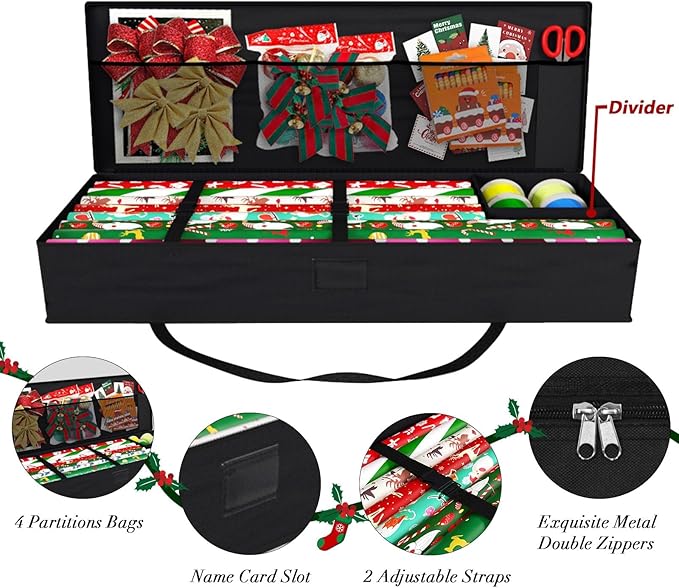 Safana 2 Pack Wrapping Paper Organizer Storage Bag, 42" Durable 600d Oxford Wrapping Organizer Box Under Bed Containers for Decorations Paper Rolls, Ribbons, Bows (Golden Deer)