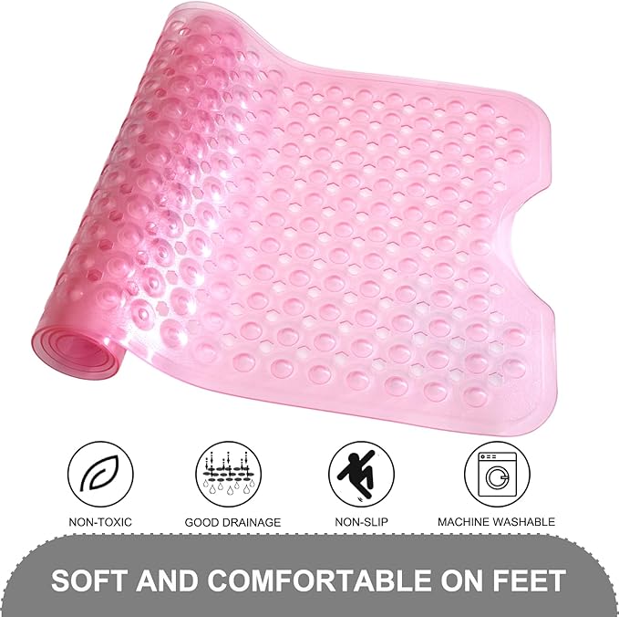 Bath Tub and Shower Mats, Non Slip 40 x 16 Inch Extra Large Bathtub Mat, Machine Washable Bathmat with Drain Holes, Suction Cups for Bathroom Floor, Clear Pink