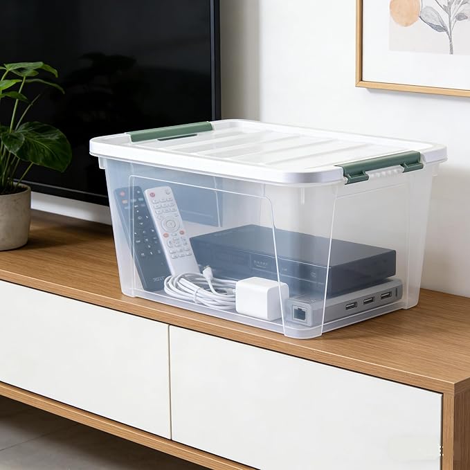 Parlynies 4-Pack Latching Lid Box, Large Clear Plastic Storage Bins, 35 Quart, Green Latch, Stackable Container Boxes for Home, Bathroom, Kitchen and Office Organization