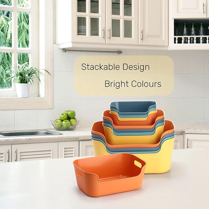 12 Pack Plastic Storage Bins and Baskets, Classroom Organizer Bins with Built-in Handle, Household Colorful Pantry Shelf Organization Container for Office Bedroom Countertop, 3 Sizes