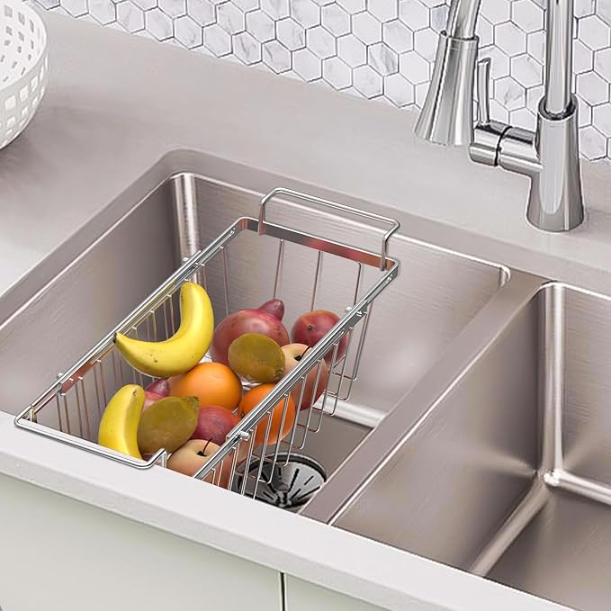 Orgneas Freezer Baskets for Chest Freezer, Capacity Expandable Deep Freezer Organizer Bins Adjustable From 16.5" to 26.5" Stainless Steel Wire Basket Storage with Hanging Handles