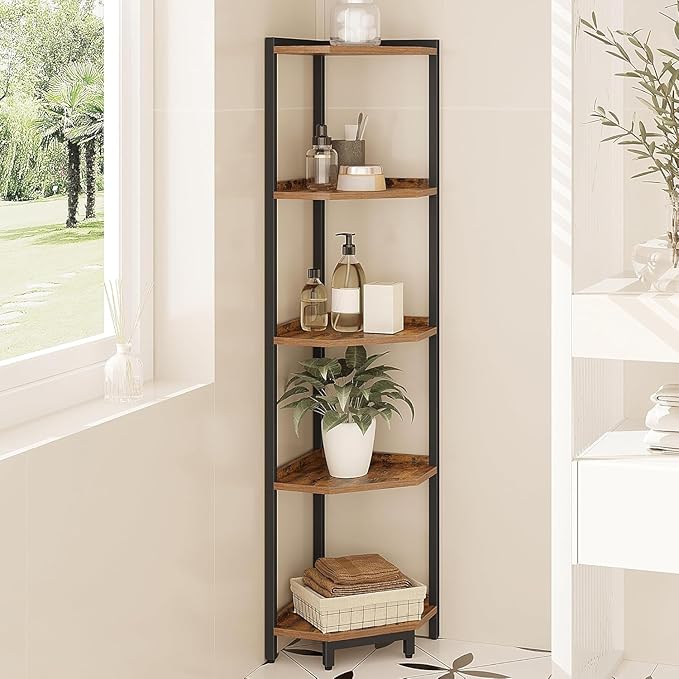 Corner Shelf Stand, Corner Bookshelf, Storage Standing Shelf Unit with Metal Frame, Plant Stand, Bookcase for Living Room, Home Office, Bedroom, 5-Tier Rustic Brown CS05901B