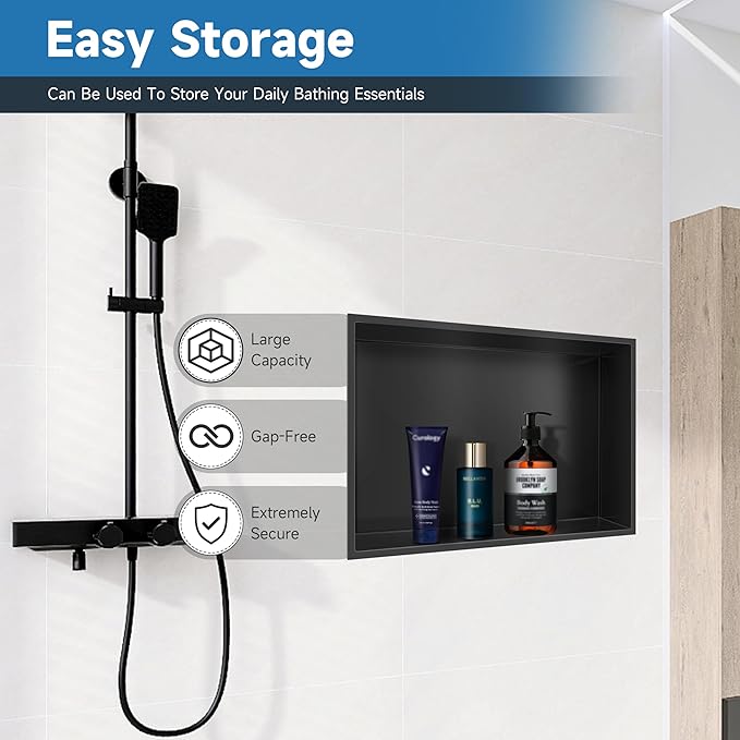 BATHFINESSE Shower Niche 18" X 12" Black, Stainless Steel Wall Niche Double Shelves Recessed Shower Shelf for Bathroom Storage, No Tile Needed Over Mount Installation