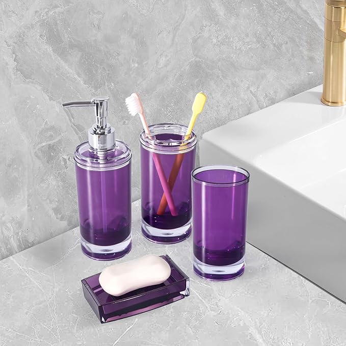 5 Pcs Purple Acrylic Bathroom Accessories Set Complete,Lotion/Soap Dispenser,Soap Dish,Toothbrush Holder, Tumbler,Toilet Brush and Holder,Modern Bathroom Decor and Housewarming Gift Set (Dark Purple)