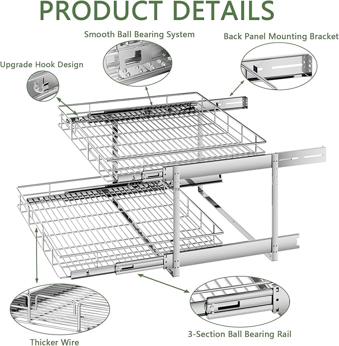 MODCART 2 Tier Individual Pull Out Cabinet Organizer 25½" W x 21½" D, Heavy Duty Cabinet Pull Out Shelves, Slide Out Drawers Organization for Kitchen Cabinets Bathroom