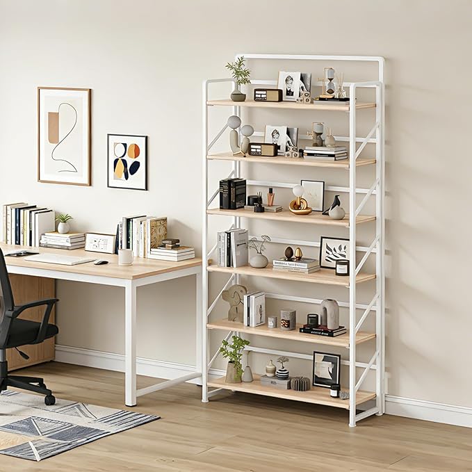 JSB Folding Bookshelf,Industrial Storage Shelves, No Assembly Vintage Wood Look Bookshelf with Storage Shelves for Living Room, Bedroom, Office (White, Wide 6-Tier)