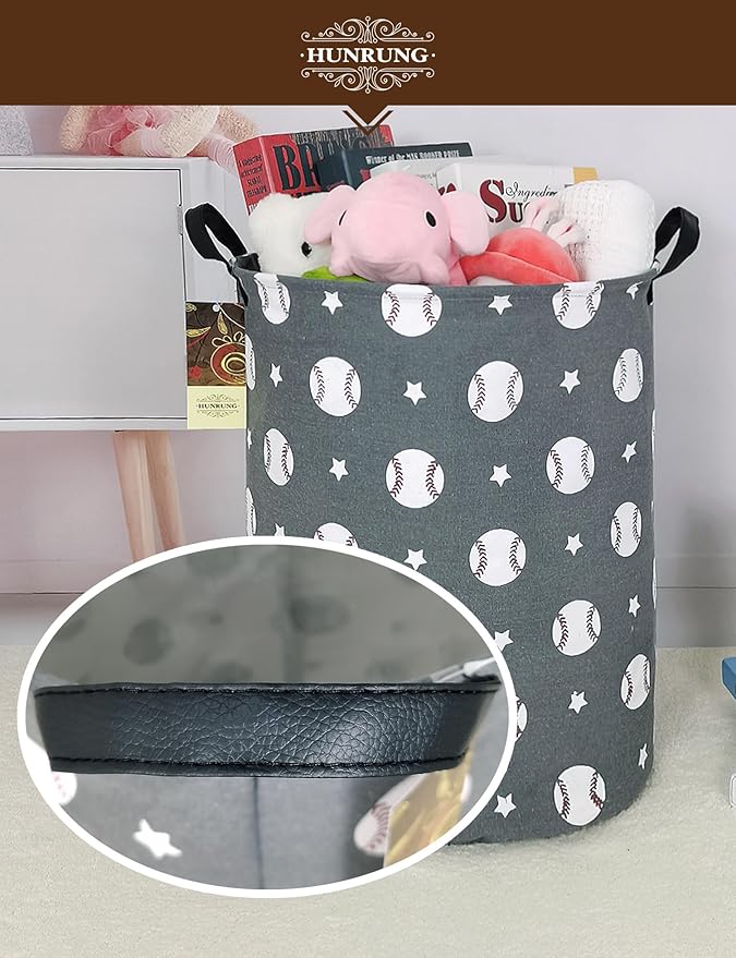 HUNRUNG Laundry Hamper,Large Canvas Fabric Lightweight Storage Basket Toy Organizer Dirty Clothes Collapsible Waterproof for College Dorms, Children Bedroom,Bathroom（Round-Grey Baseball）