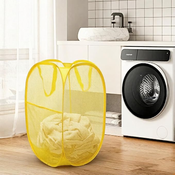 The upgraded pop-up laundry basket features a breathable side pocket mesh design, making it ideal for rooms, apartments, dormitories, travel, business trips, and children's storage (1,yellow)