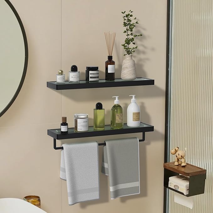 SFGSOWOR Floating Glass Shelves for Bathroom 20-in with Towel Bar/Tempered Glass Rectangular 1 Tier Organizer Shelf (Matte Black, 20'')
