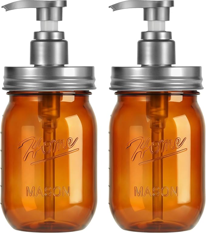 Amolliar Plastic Mason Jar Soap Dispenser with Pump Lid,16OZ Refillable Hand Soap Dispenser Set with Cute Lables - Farmhouse Decor for Kitchen Bathroom, Liquid Soap, Dish Soap, Lotion (2 Pack, Amber)