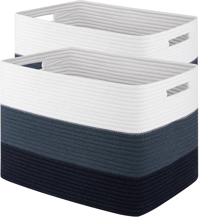 Woven Baskets - 2 Pack Rectangle Closet Organizers for Toy Storage, Nursery & Living Room in Gradient Blue