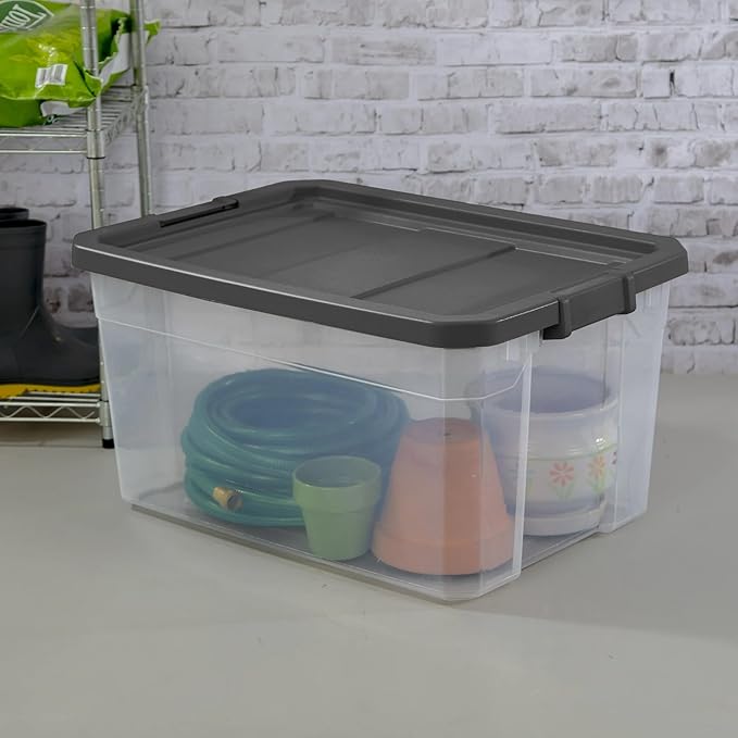 76 Quart Heavy-Duty Stacker Box – Clear Plastic Storage Bin with Secure Latch Lid, Ideal for Home, Garage, Closet & Basement Organization, Dark Gray (2)