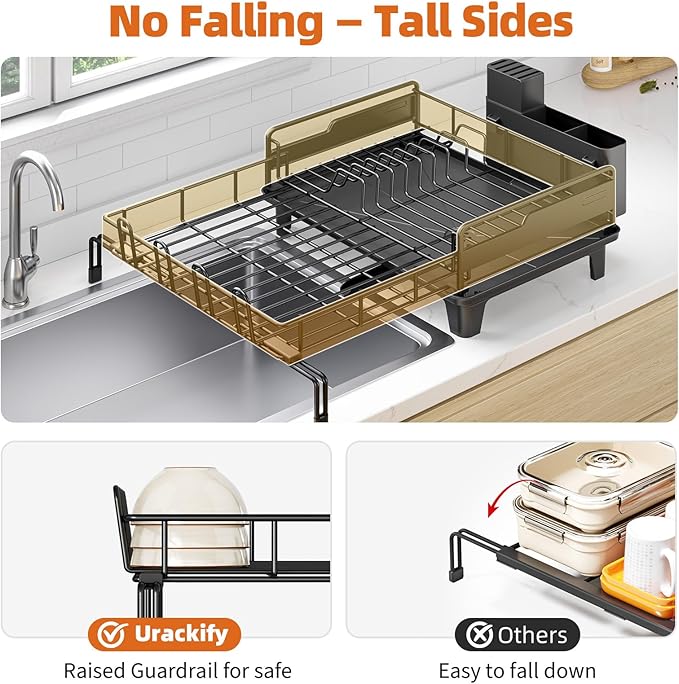 Dish Drying Rack - Extendable Dish Drainer, Large Dish Rack for Kitchen Counter, Rustproof Dish Strainer with Utensil Holder and Cups Holder, 1 Tier Black