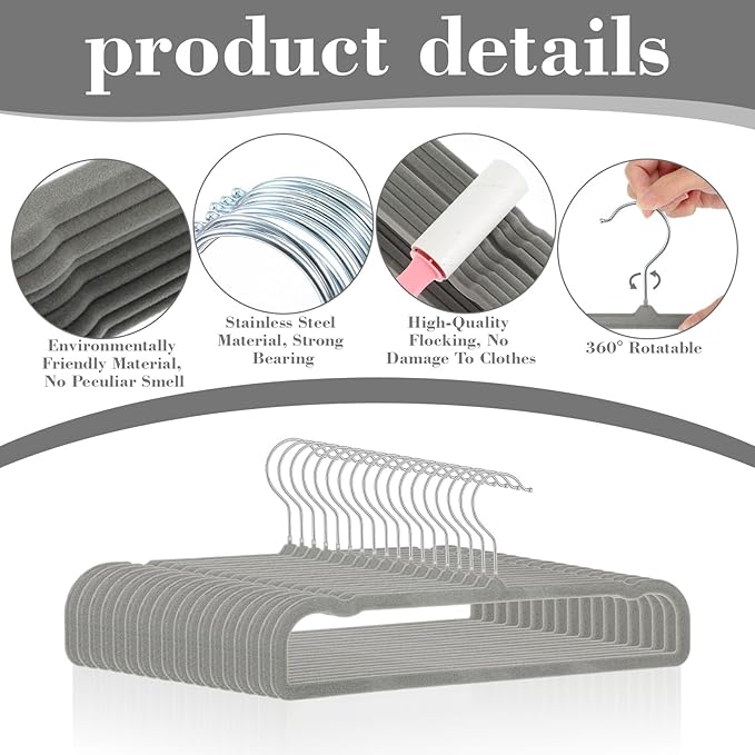 Velvet Pants Hangers Non Slip 20 Pack Plastic Velvet Pant Hangers, Rectangular Slim Velvets Hanger with 10 Hooks for Jean, Bra, Shorts (Grey)