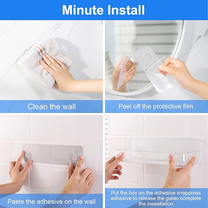 Diesisa Acrylic Wall Mounted Shower Caddy, Clear, Large Size 12.8L x 4" W x 3.3" H, Acrylic Shelf, No Drilling Walls Adhesive Shelf, Bathroom Shelves with Self Adhesive Tape for Bathroom, Kitchen