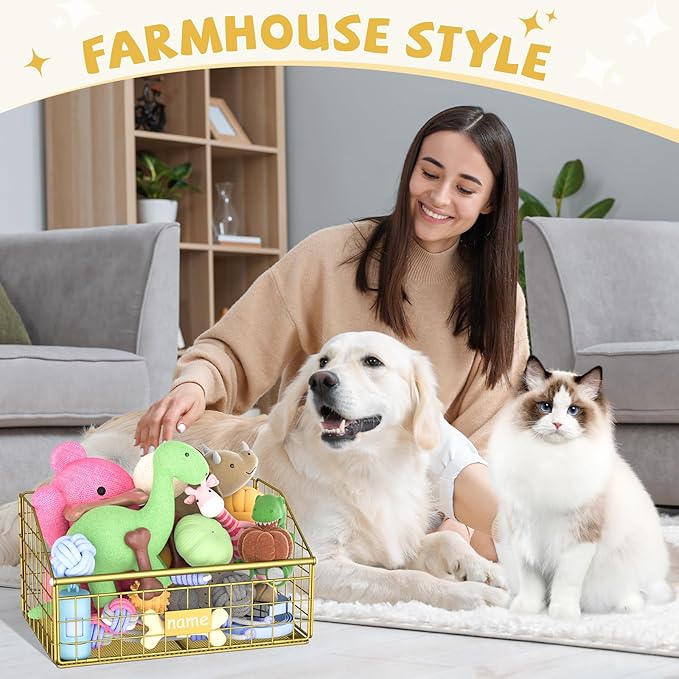 Indestructible Dog Toy basket, Small Toy Box for Dogs, Pet Toy Bin Dog Metal Basket for Toys, Toy Storage Organizer, Cat Toy Box for Living Room Area(Gold)