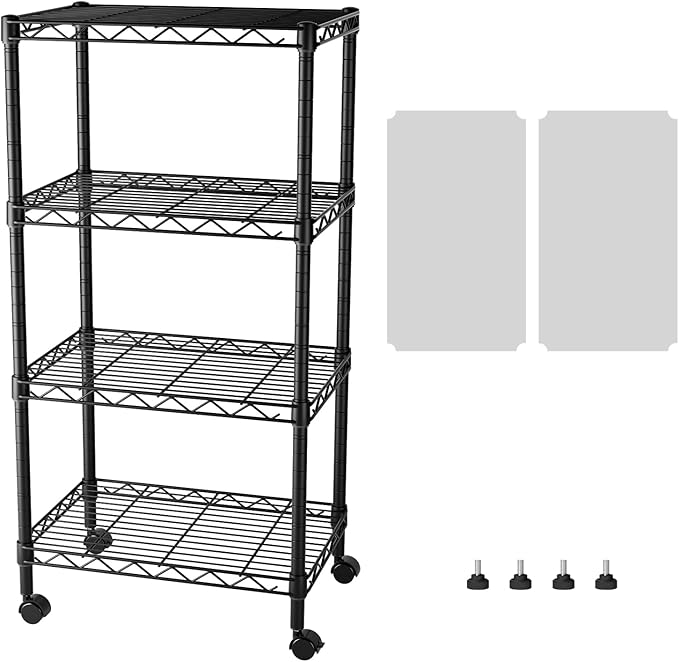 SINGAYE 4 Small Shelves Storage Shelf Wire Shelving Unit Metal Shelf Adjustable Organizers Storage Shelving with Wheels for Bathroom Laundry Room Kitchen Pantry11.5”D x 17.5”W x 30.5”H Black