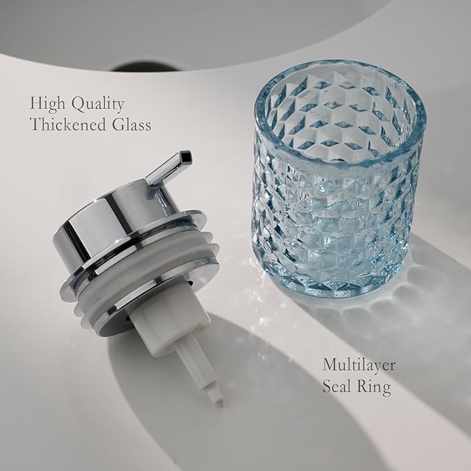 Hand Soap Dispenser Glass, Refillable Liquid Dispenser for Bathroom & Kitchen,Lotion Dispenser with Large Silver Pump（Diamond Pattern-Blue）