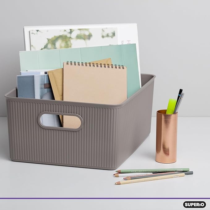 Decorative Plastic Basket Open Home Storage Bins Organizer, Large Taupe (6 Pack) Container Boxes for Organizing Closet Storage Bins for Shelves Drawer Shelf - Ribbed Collection 15 Liter/16 Quart