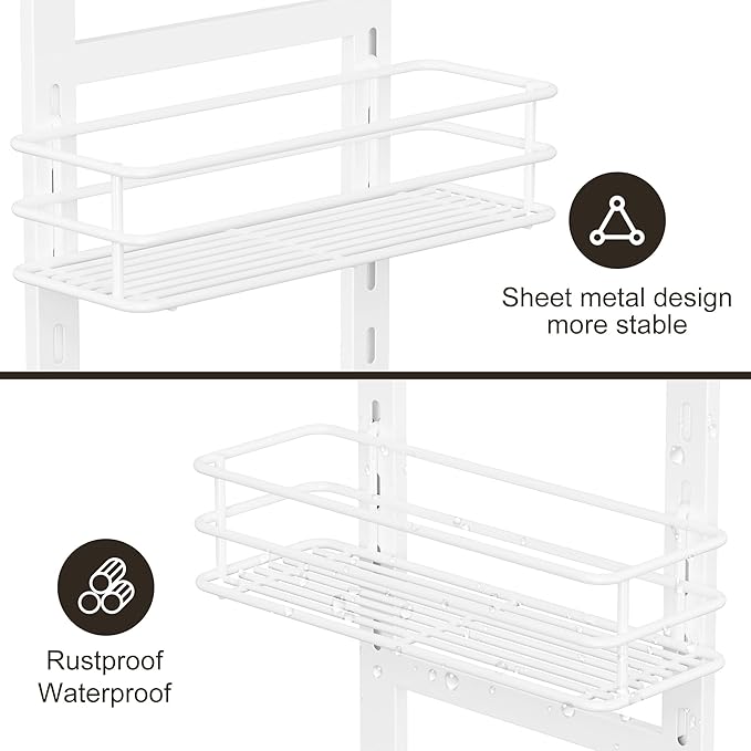 Orimade 4 Tier Adjustable Anti-slip Shower Caddy Over Shower Head, Rustproof Bathroom Hanging Organizer With 4 Hooks for Razor, No Drilling Shower Shelves Storage Rack, White