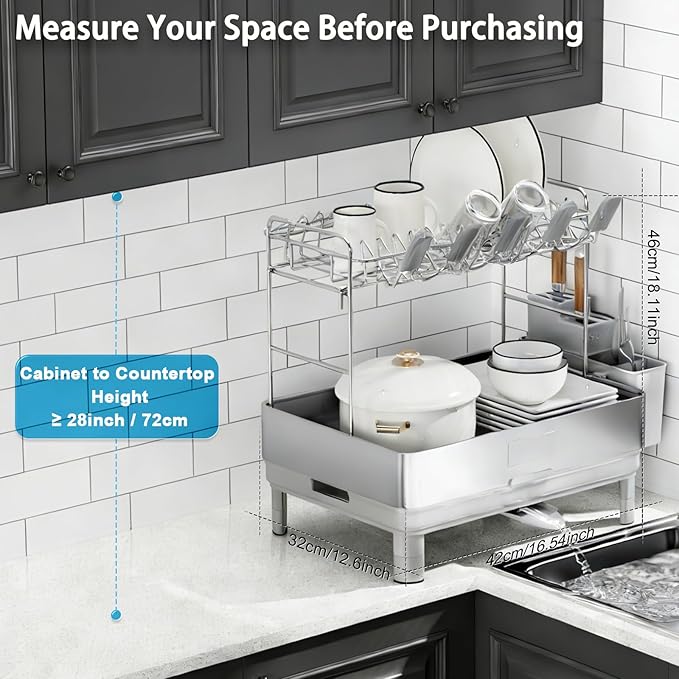 Dish Drying Rack, 2 Tier Large Dish Rack, Stainless Steel Dish Drainer for Kitchen Counter, Dishes Rack with Automatic Drainage, Utensil Holder&Cups Holder,Space Saving Kitchen Organizer,Gray